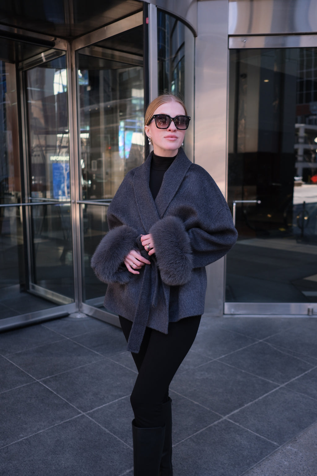 Luxury Wool Wrap Coat with Natural Rabbit Fur Cuffs