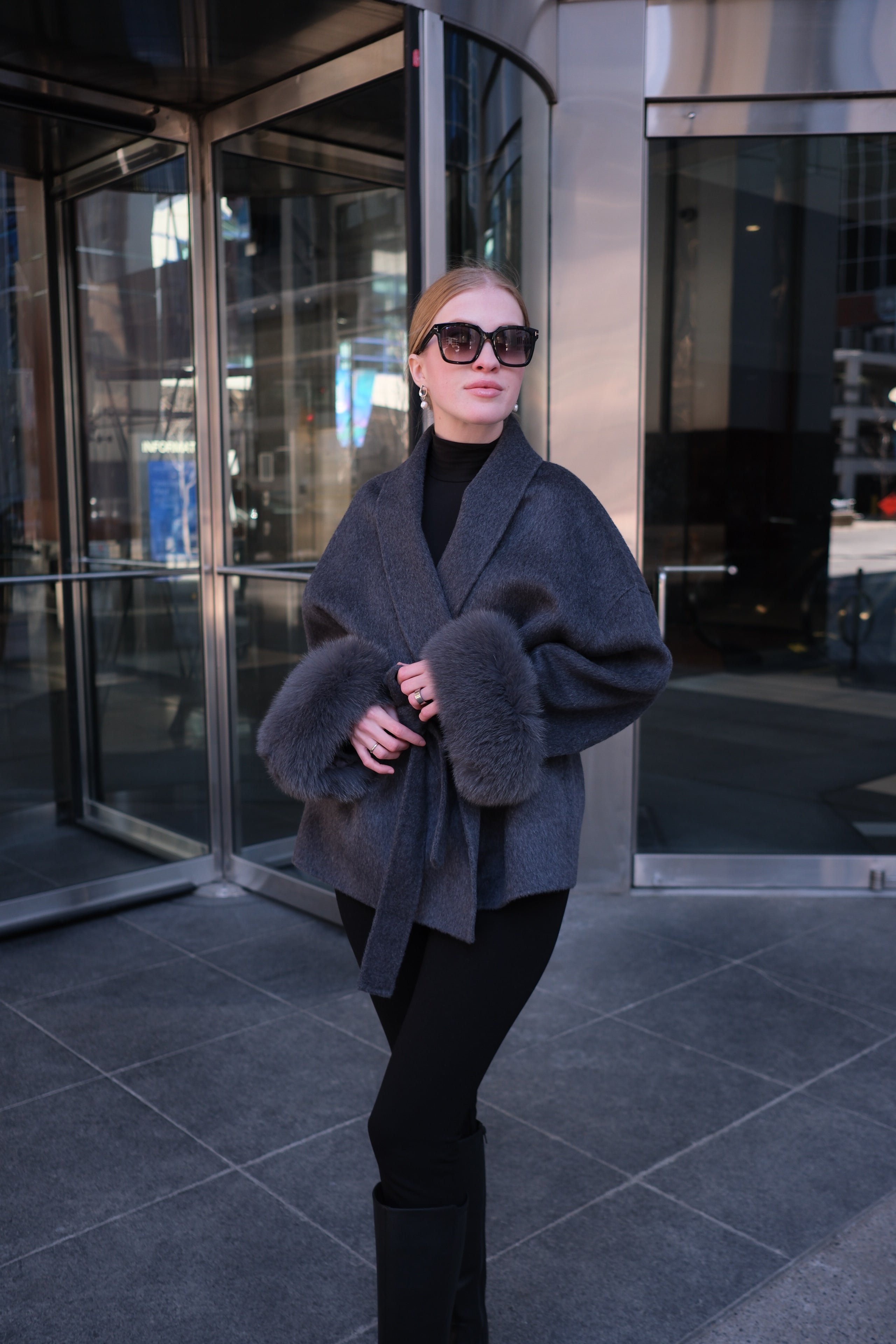 Luxury Wool Wrap Coat with Natural Rabbit Fur Cuffs