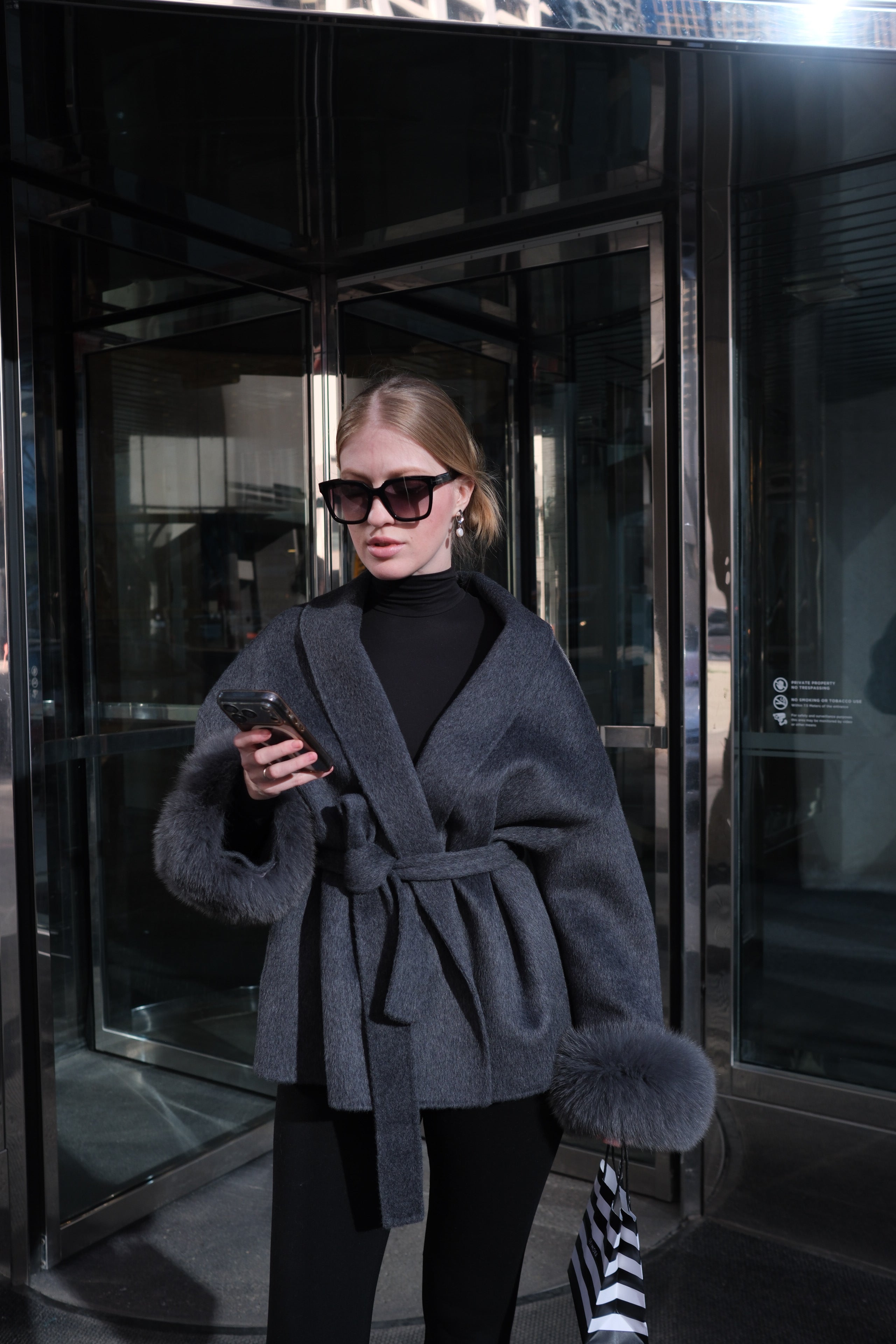 Luxury Wool Wrap Coat with Natural Rabbit Fur Cuffs