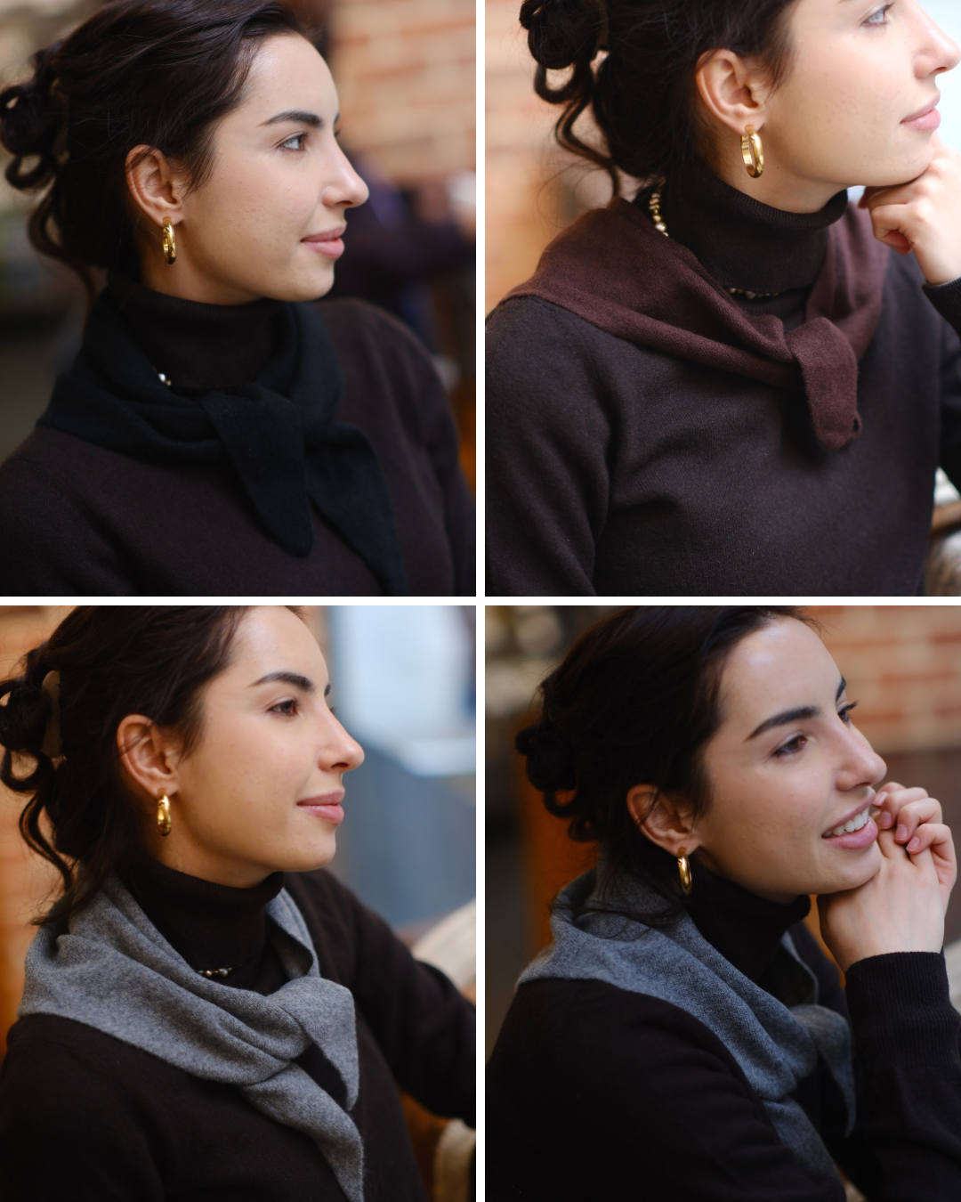 Women's 100% cashmere triangle scarves in black, brown and grey colors, styled as elegant neck scarves for everyday wear.