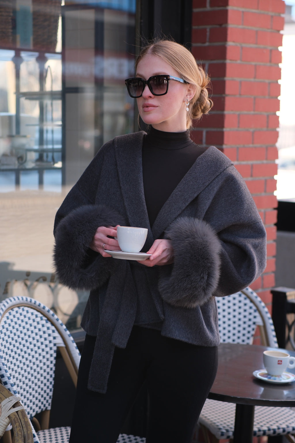 Luxury Wool Wrap Coat with Natural Rabbit Fur Cuffs