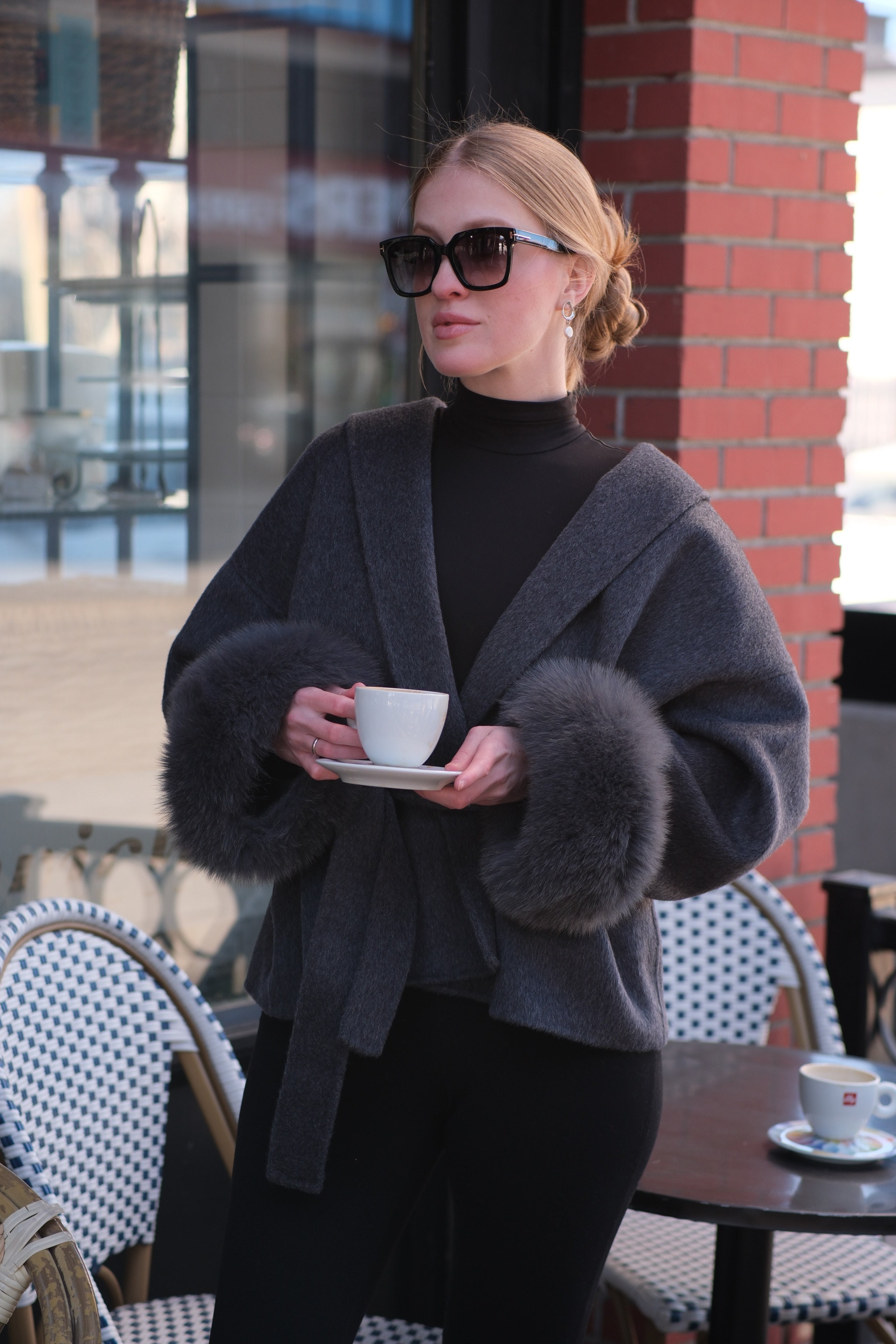 Luxury Wool Wrap Coat with Natural Rabbit Fur Cuffs