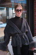 Luxury Wool Wrap Coat with Natural Rabbit Fur Cuffs