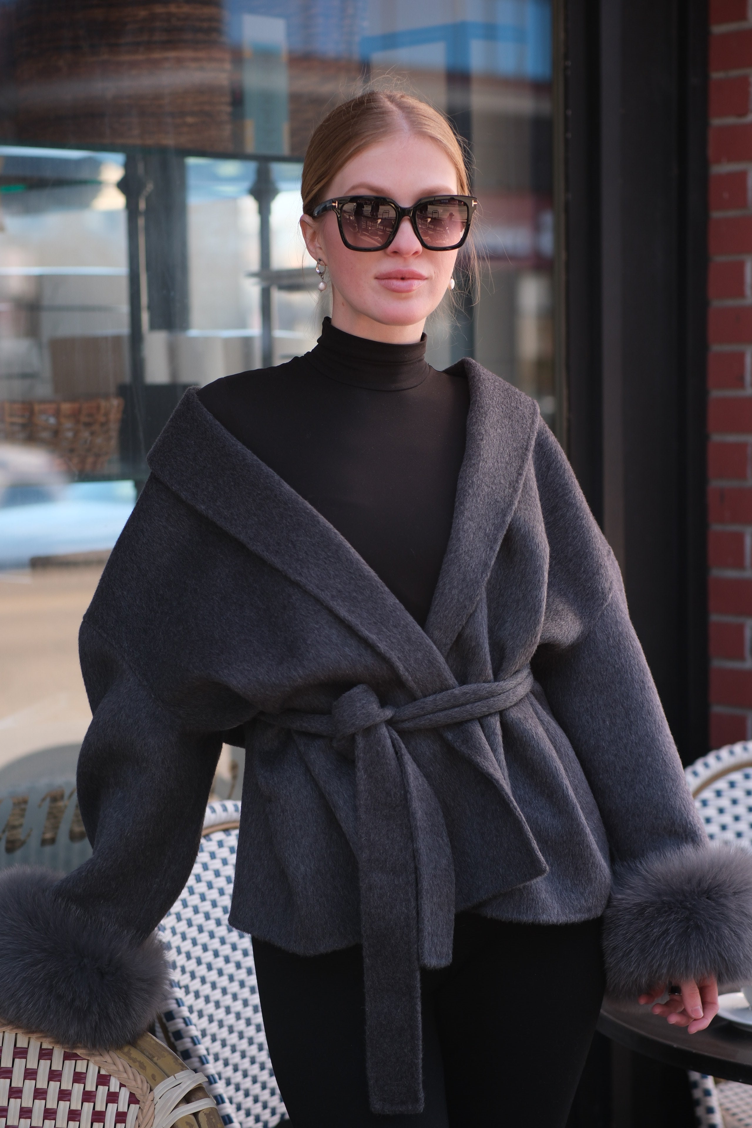 Luxury Wool Wrap Coat with Natural Rabbit Fur Cuffs