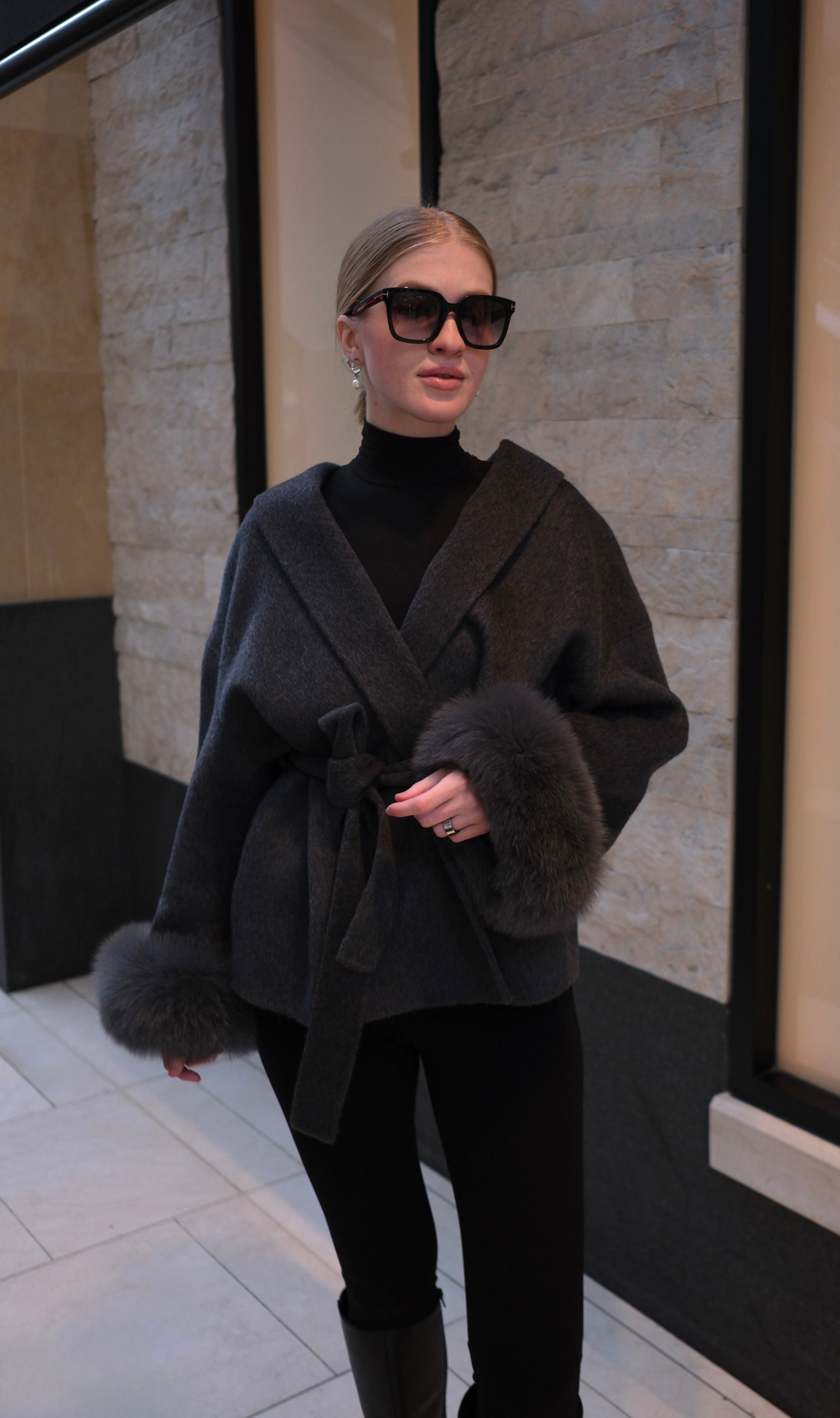 Luxury Wool Wrap Coat with Natural Rabbit Fur Cuffs