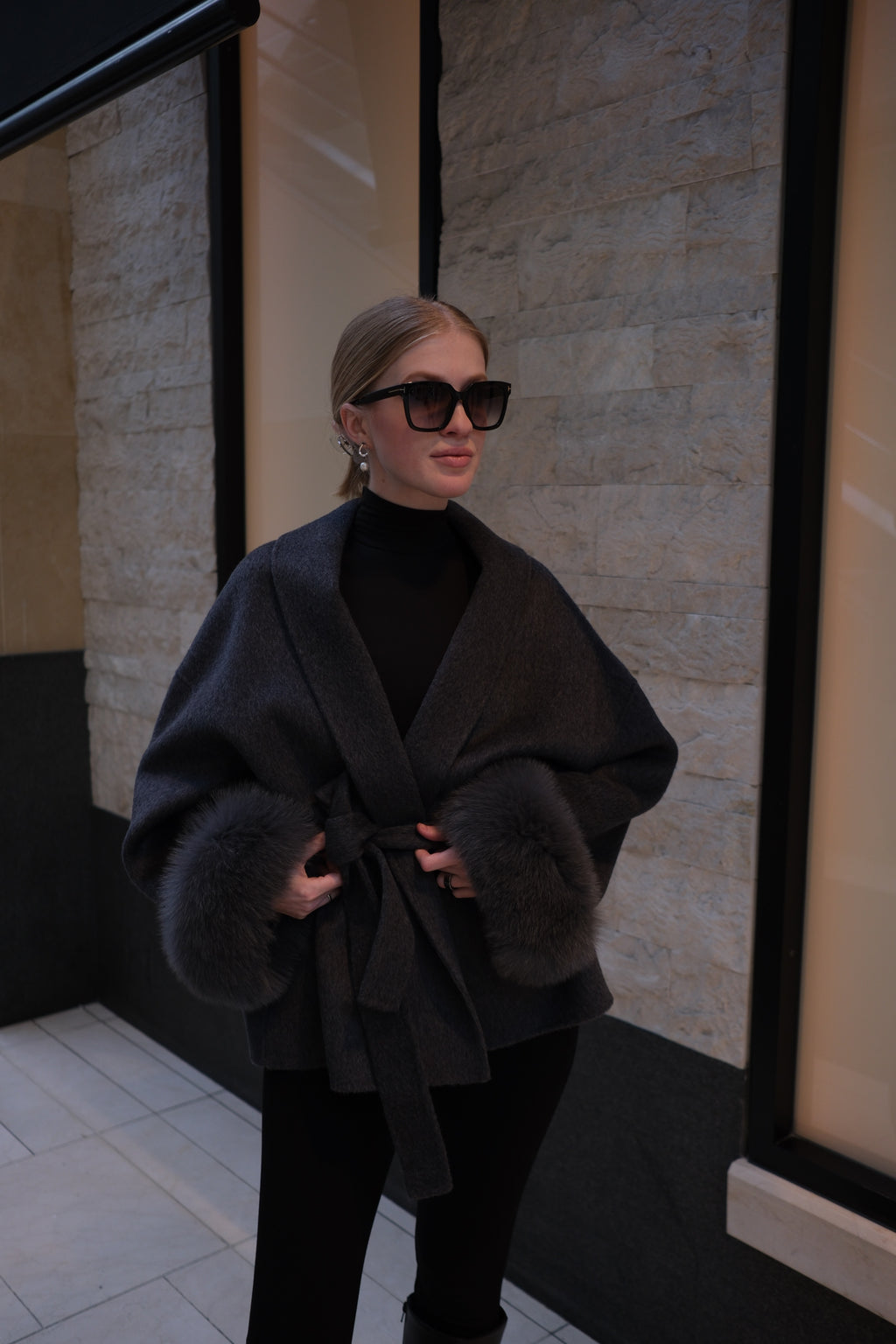 Luxury Wool Wrap Coat with Natural Rabbit Fur Cuffs