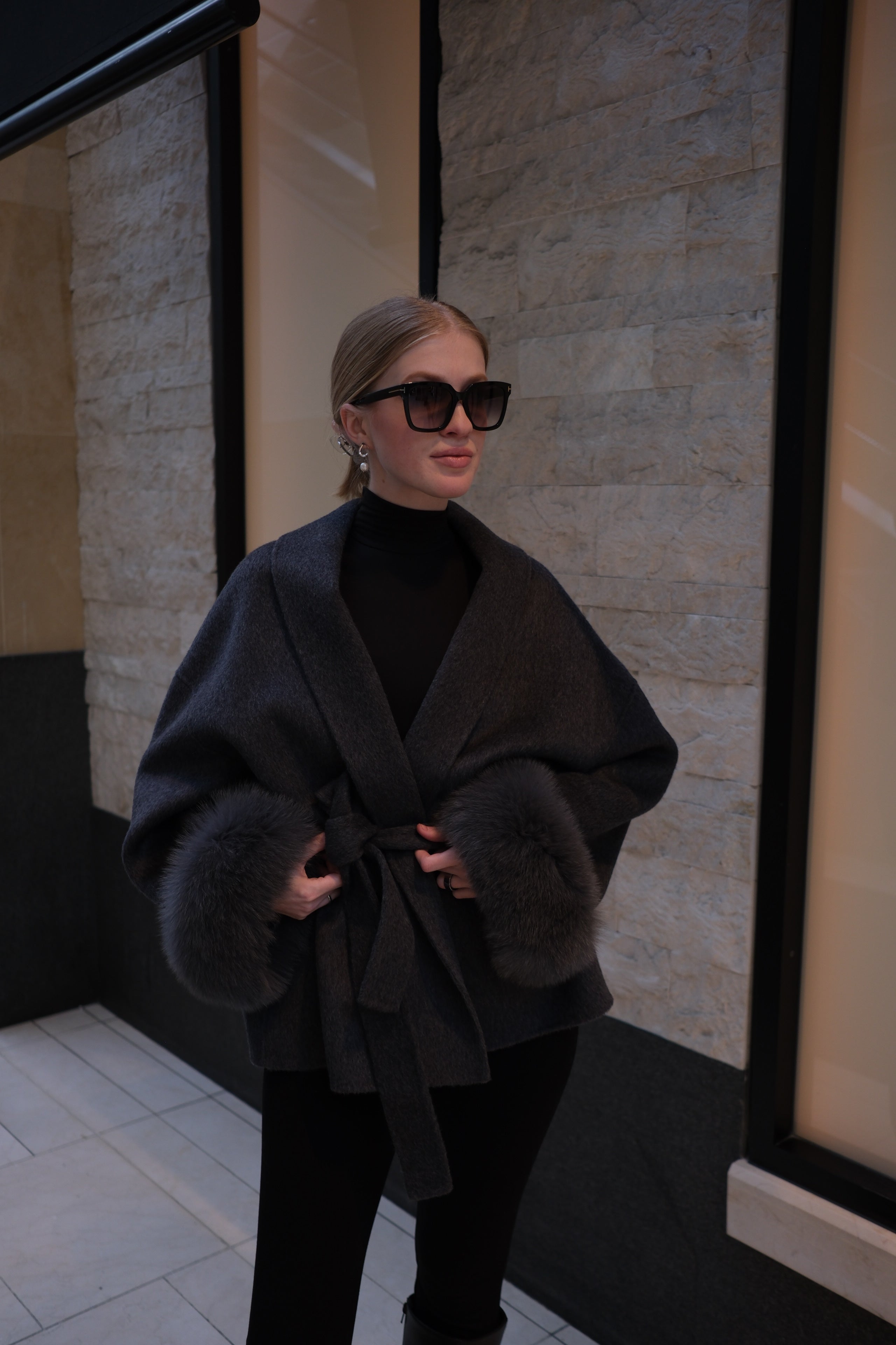 Luxury Wool Wrap Coat with Natural Rabbit Fur Cuffs