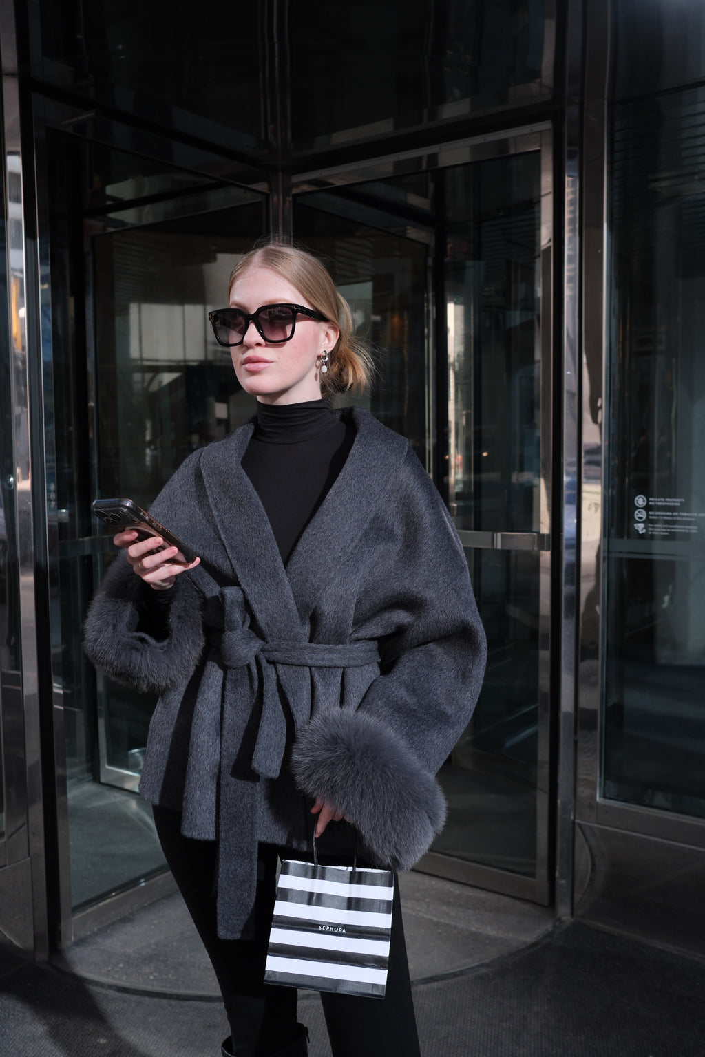 Luxury Wool Wrap Coat with Natural Rabbit Fur Cuffs