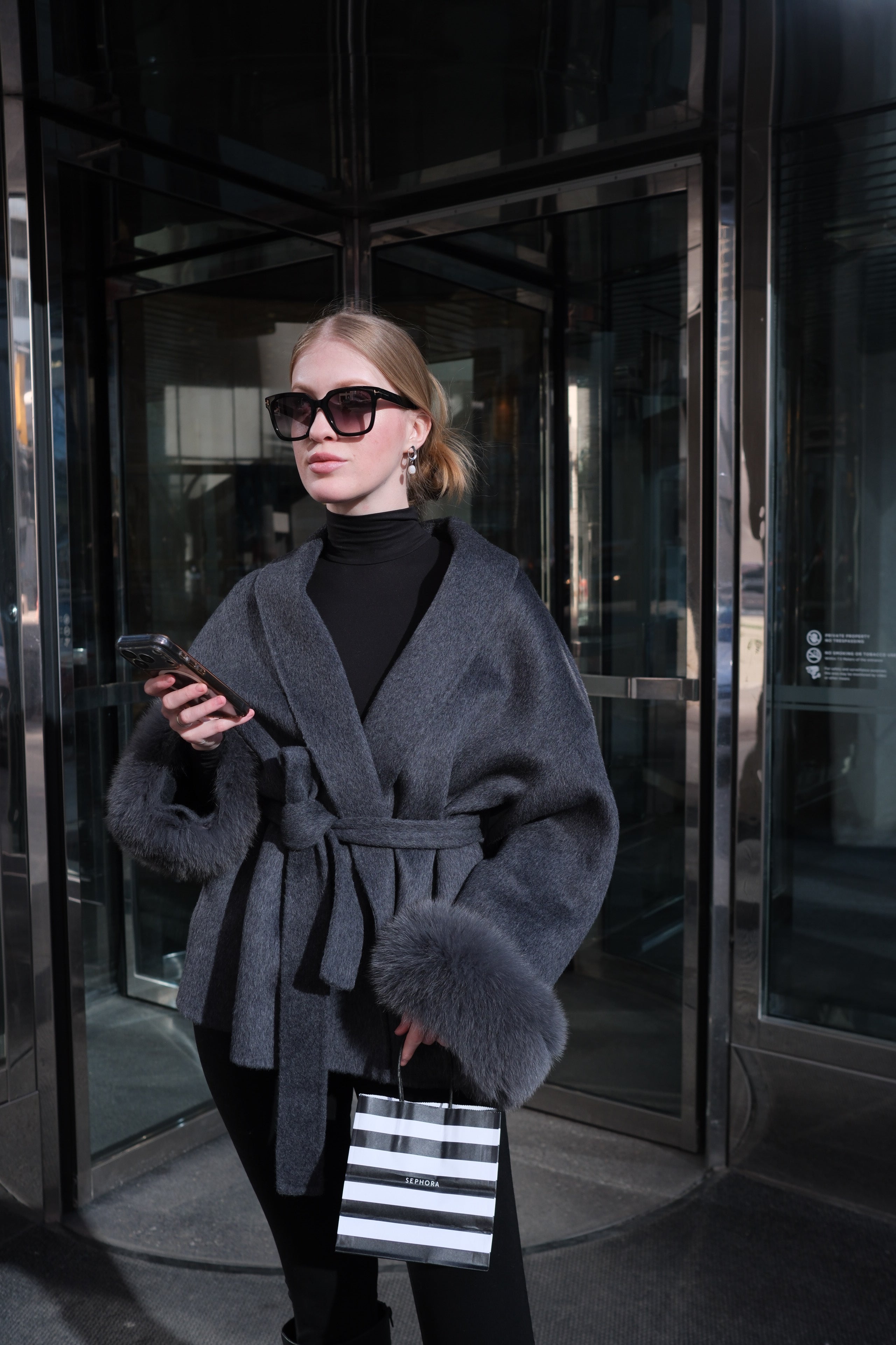 Luxury Wool Wrap Coat with Natural Rabbit Fur Cuffs
