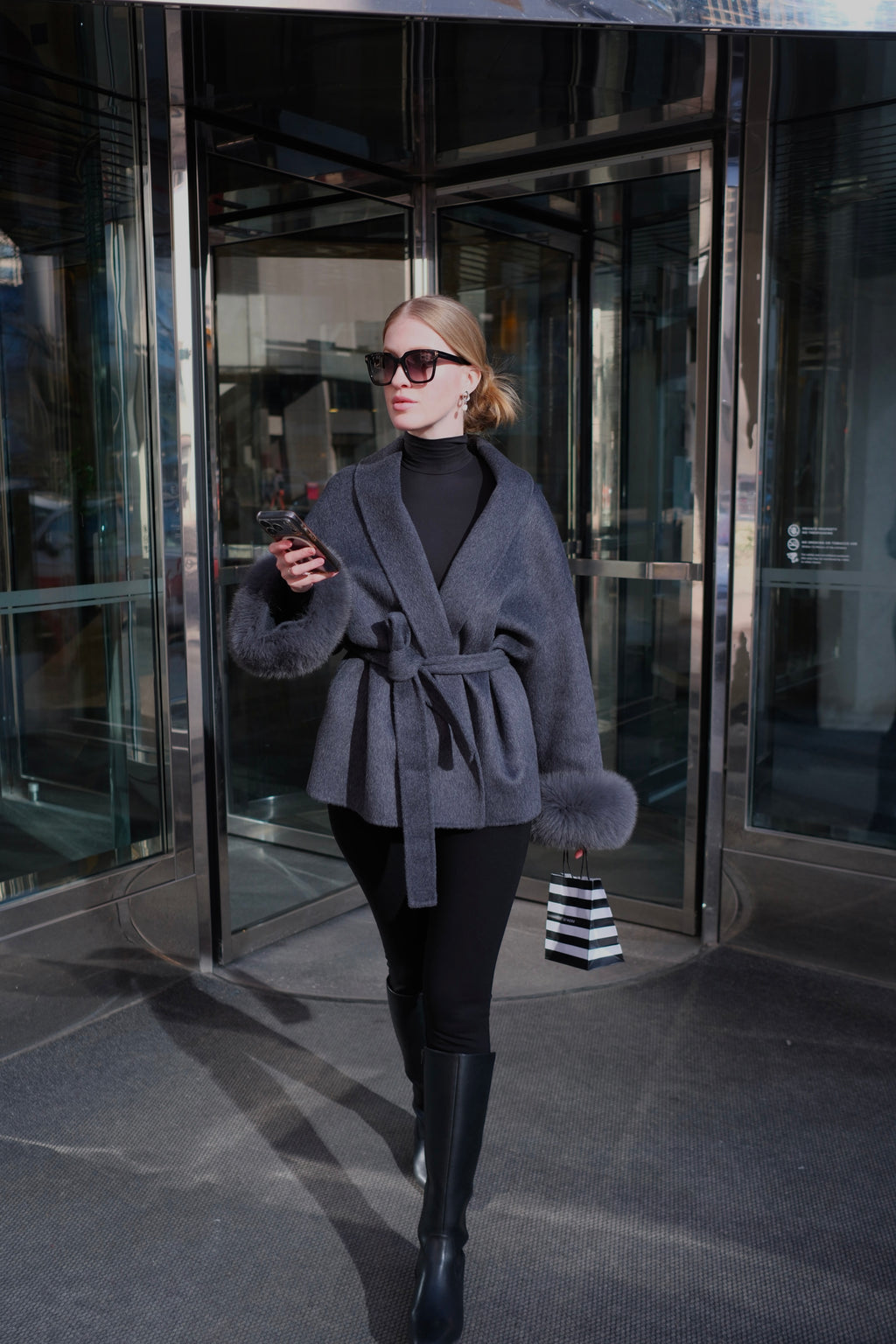 Luxury Wool Wrap Coat with Natural Rabbit Fur Cuffs
