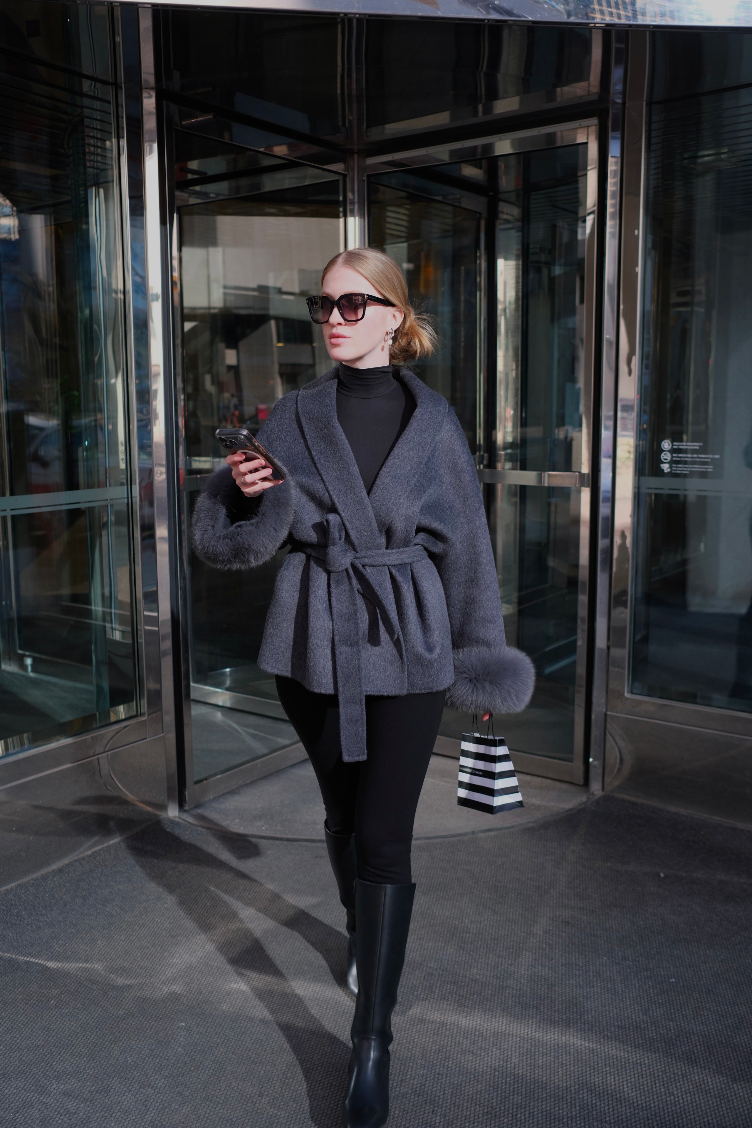 Luxury Wool Wrap Coat with Natural Rabbit Fur Cuffs