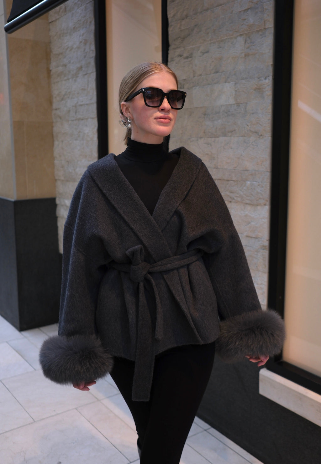 Luxury Wool Wrap Coat with Natural Rabbit Fur Cuffs
