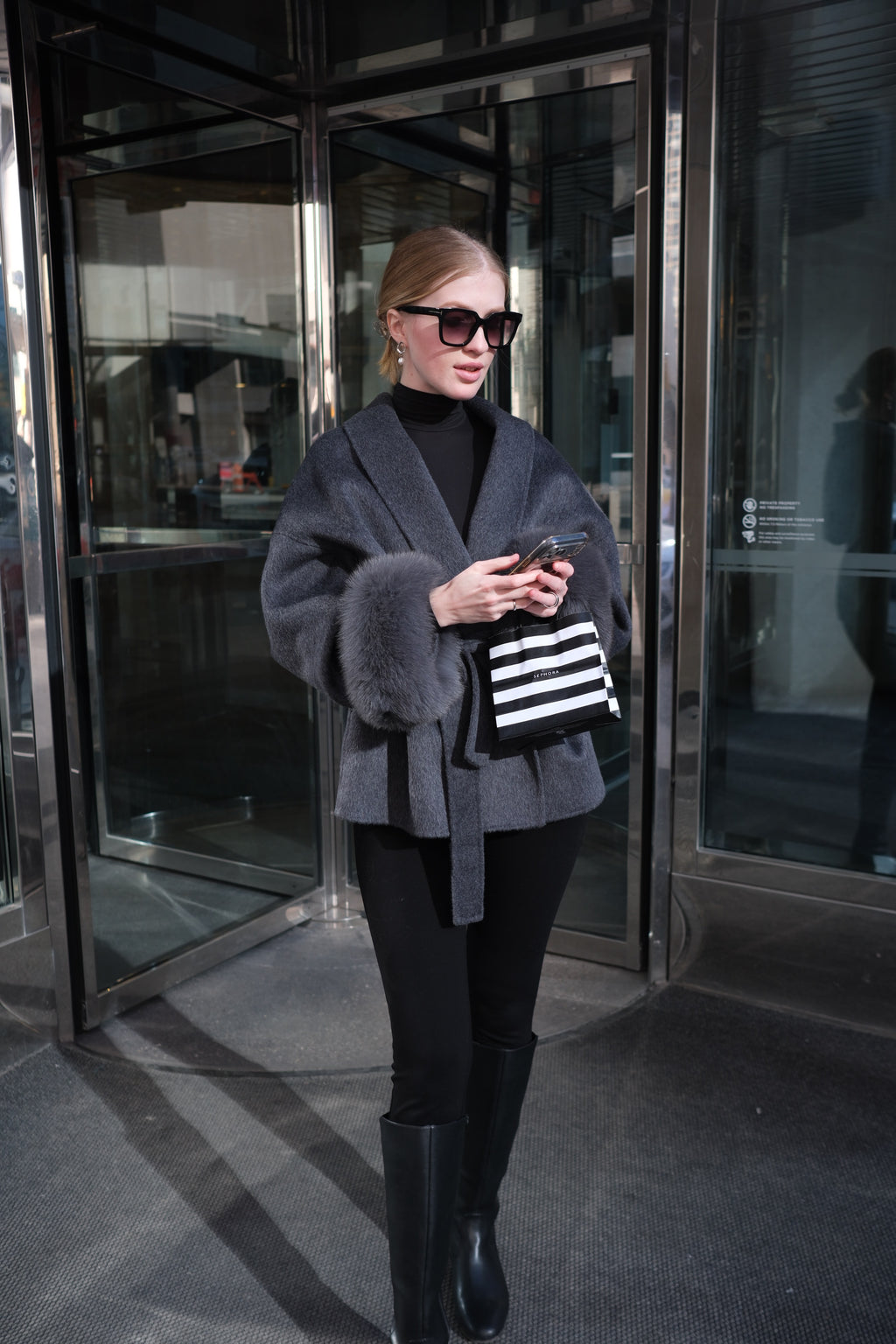 Luxury Wool Wrap Coat with Natural Rabbit Fur Cuffs