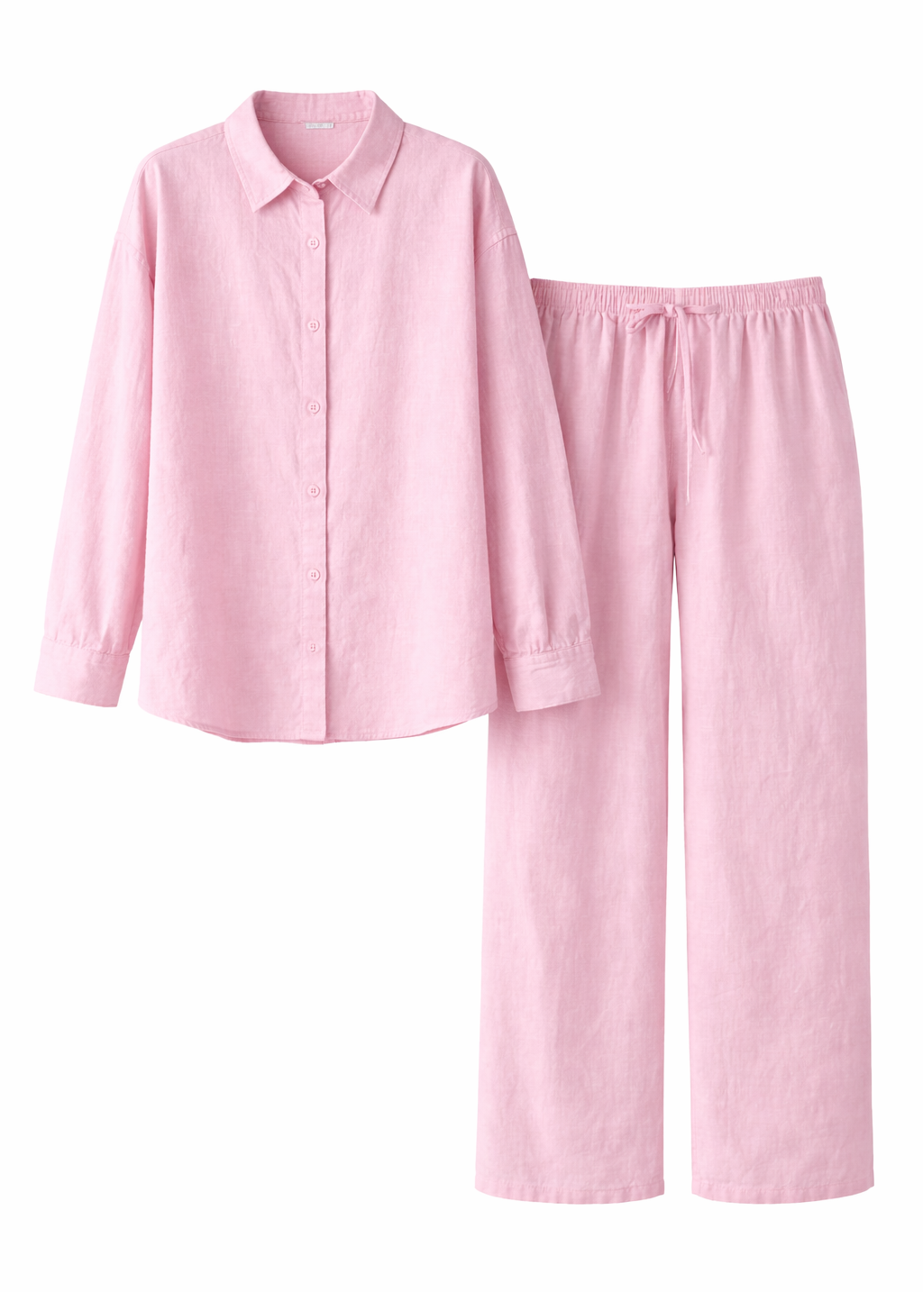 Pink pajama set with shirt and pants on a white background