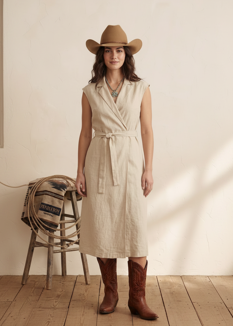 Woman wearing a beige sleeveless dress, brown cowboy hat, and boots on a wooden floor. Western style outfit in Calgary