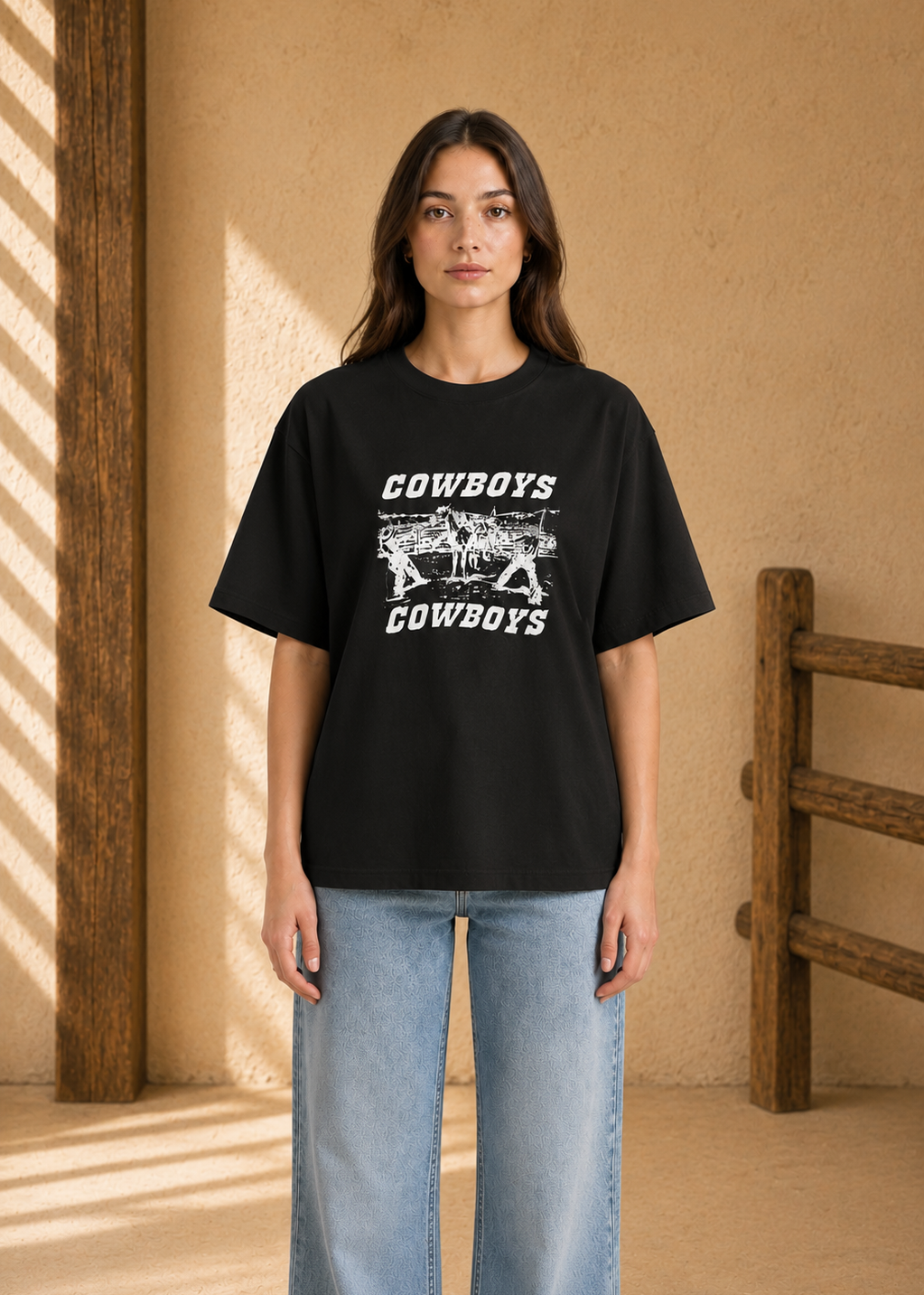 Person wearing a black t-shirt with 'Cowboys' graphic design in a room with wooden elements.