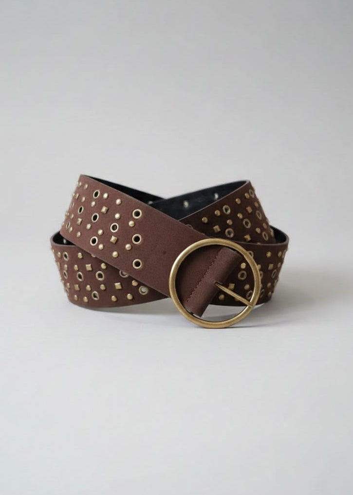 Brown belt with gold studs and a large gold buckle
