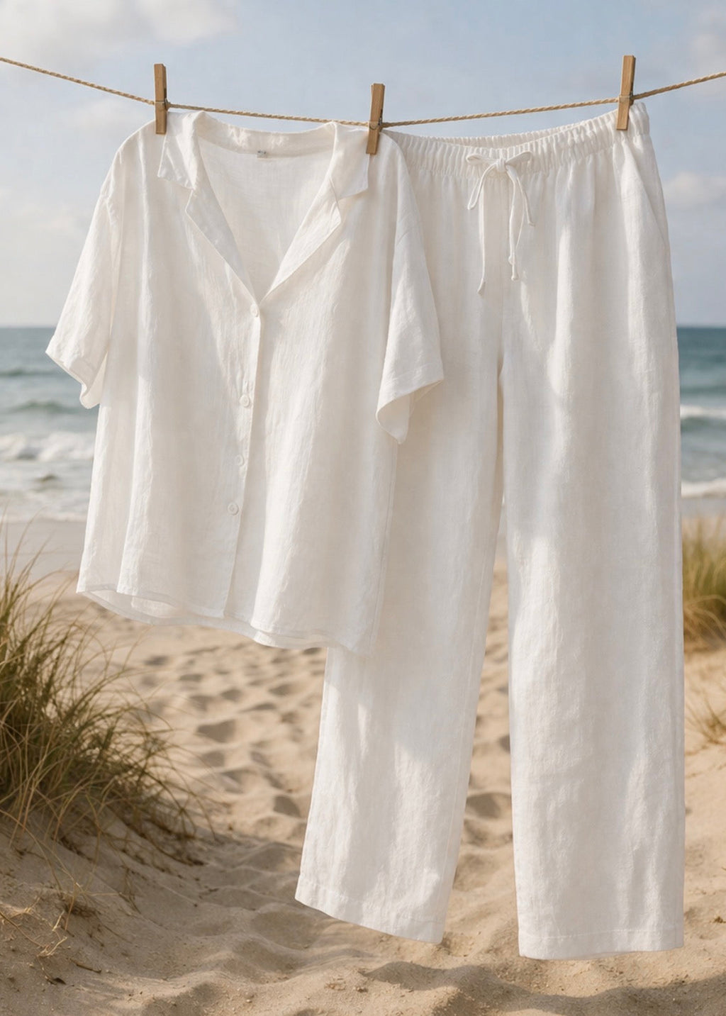 White shirt and pants hanging on a clothesline with a beach background