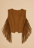 Brown suede vest with fringes and studs on a beige background