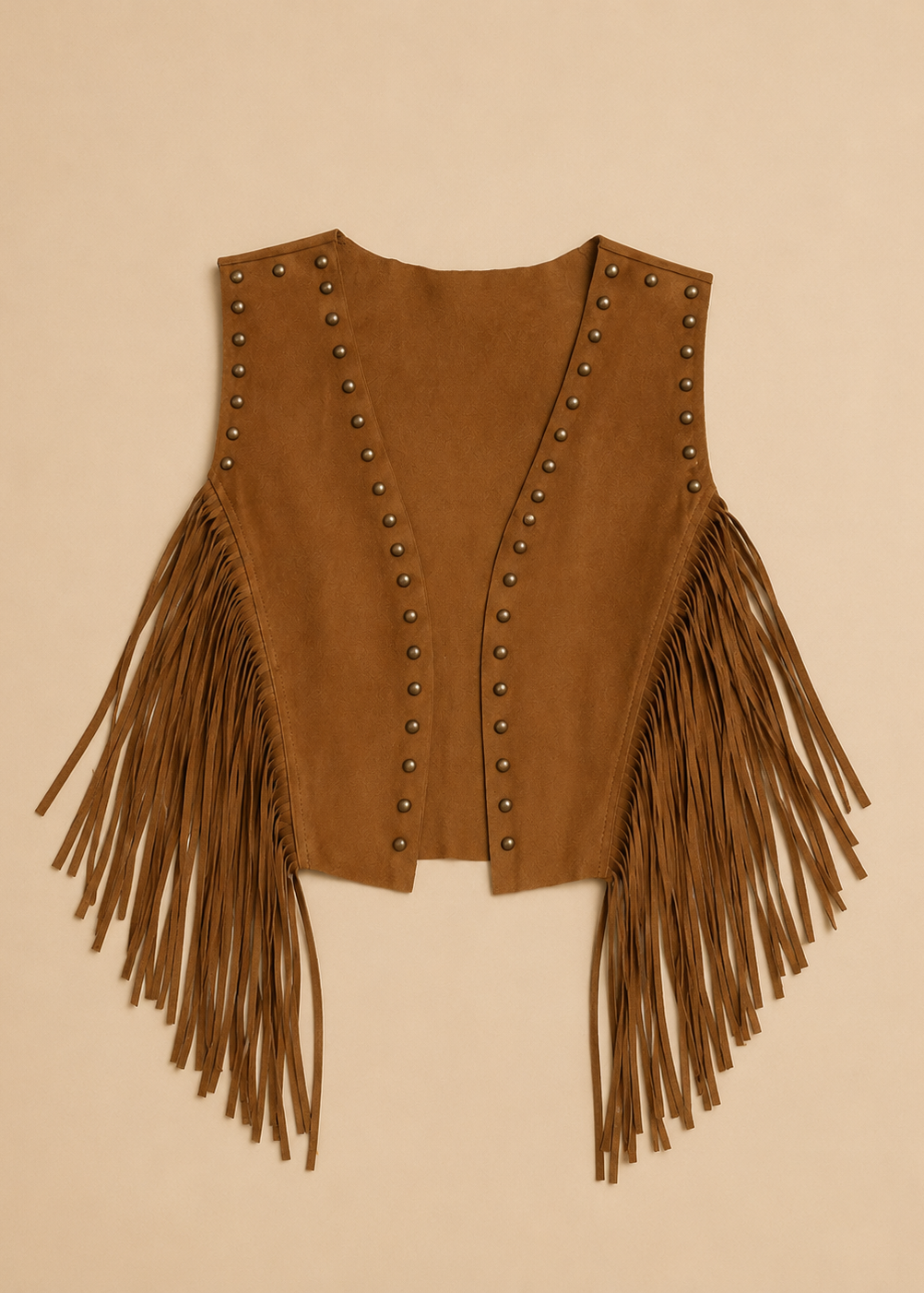 Brown suede vest with fringes and studs on a beige background