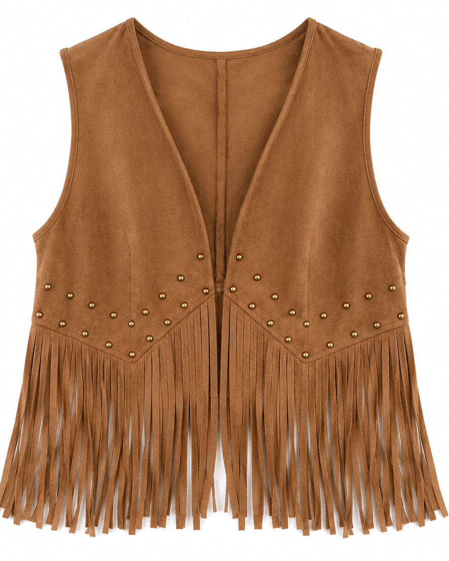 Back view of camel brown fringe vest featuring decorative studs and long western-style fringe