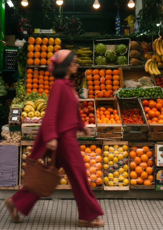 Woman walking past a fruit stand with various fruits displayed.