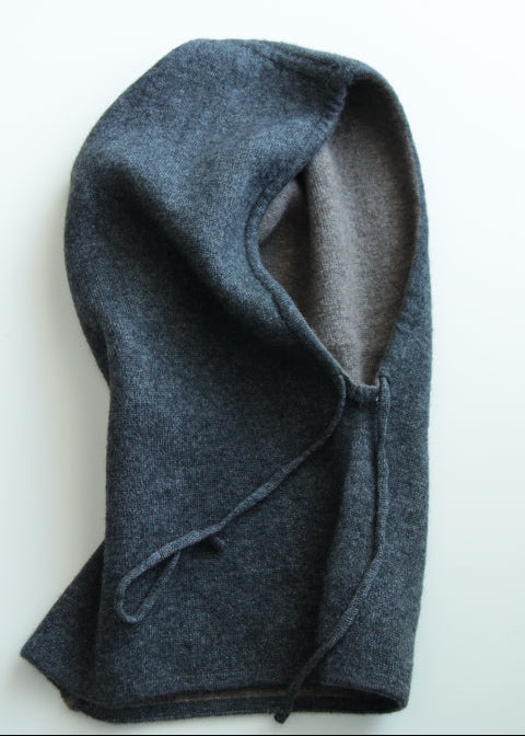 A dark gray heathered wool balaclava or neck warmer with a drawstring closure, displayed against a plain white background.