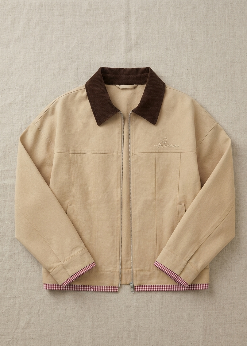 A beige zip-up jacket with a dark brown corduroy collar, laid flat on a textured beige fabric background.