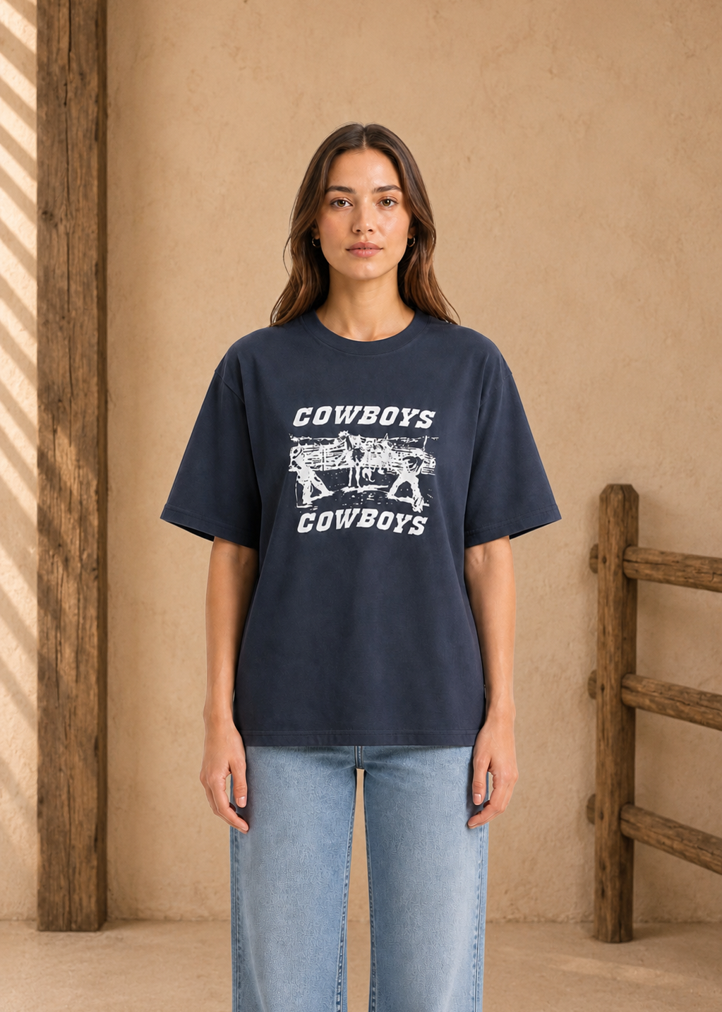 Woman wearing a navy blue t-shirt with 'Cowboys' graphic design in a rustic setting.