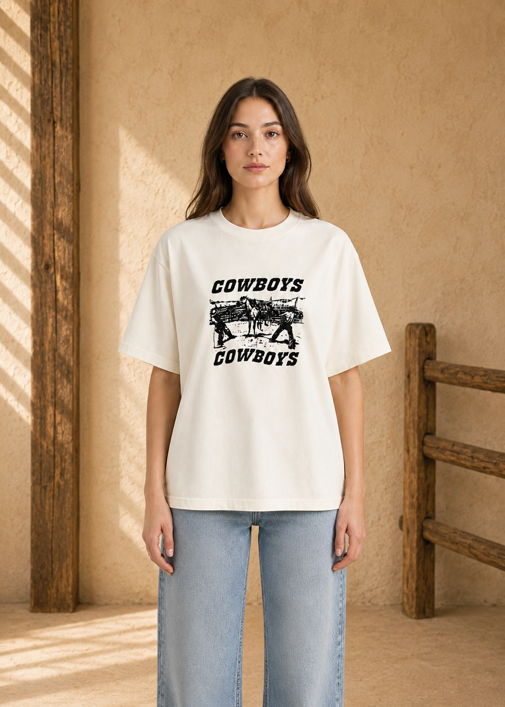 Woman wearing a white t-shirt with 'Cowboys' graphic design in a rustic setting