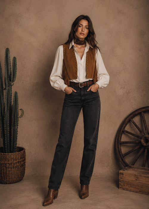 Woman in a vest and jeans standing in front of a cactus and wooden wheel on a brown background