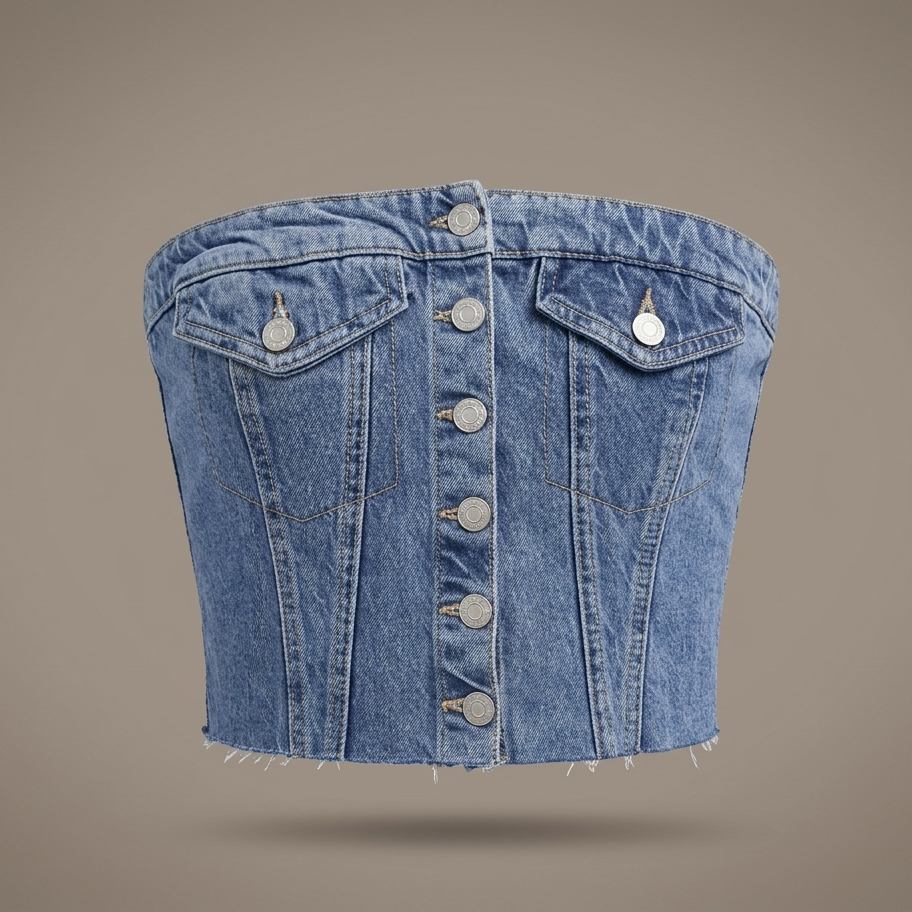Denim strapless top on a beige background