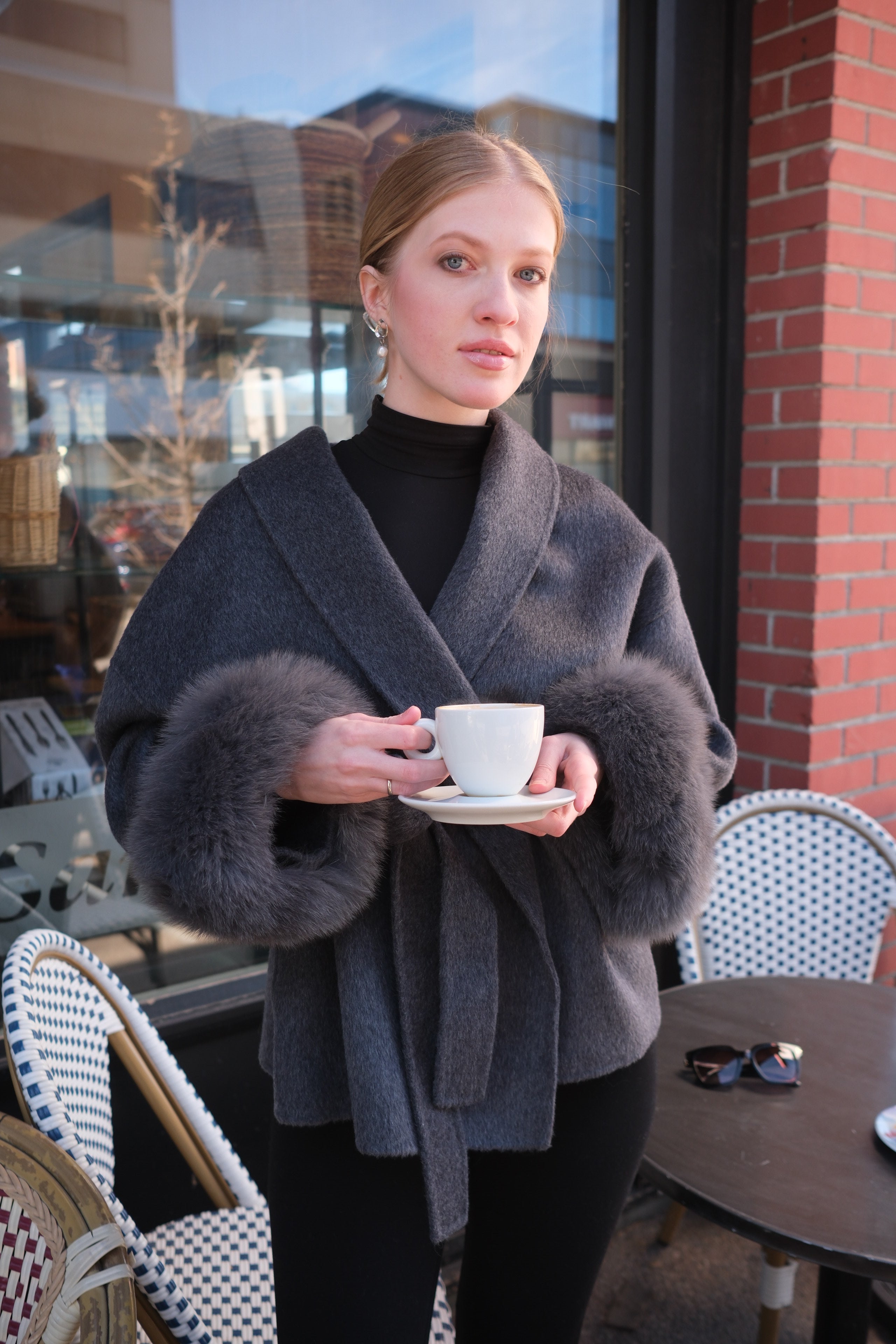 Luxury Wool Wrap Coat with Natural Rabbit Fur Cuffs
