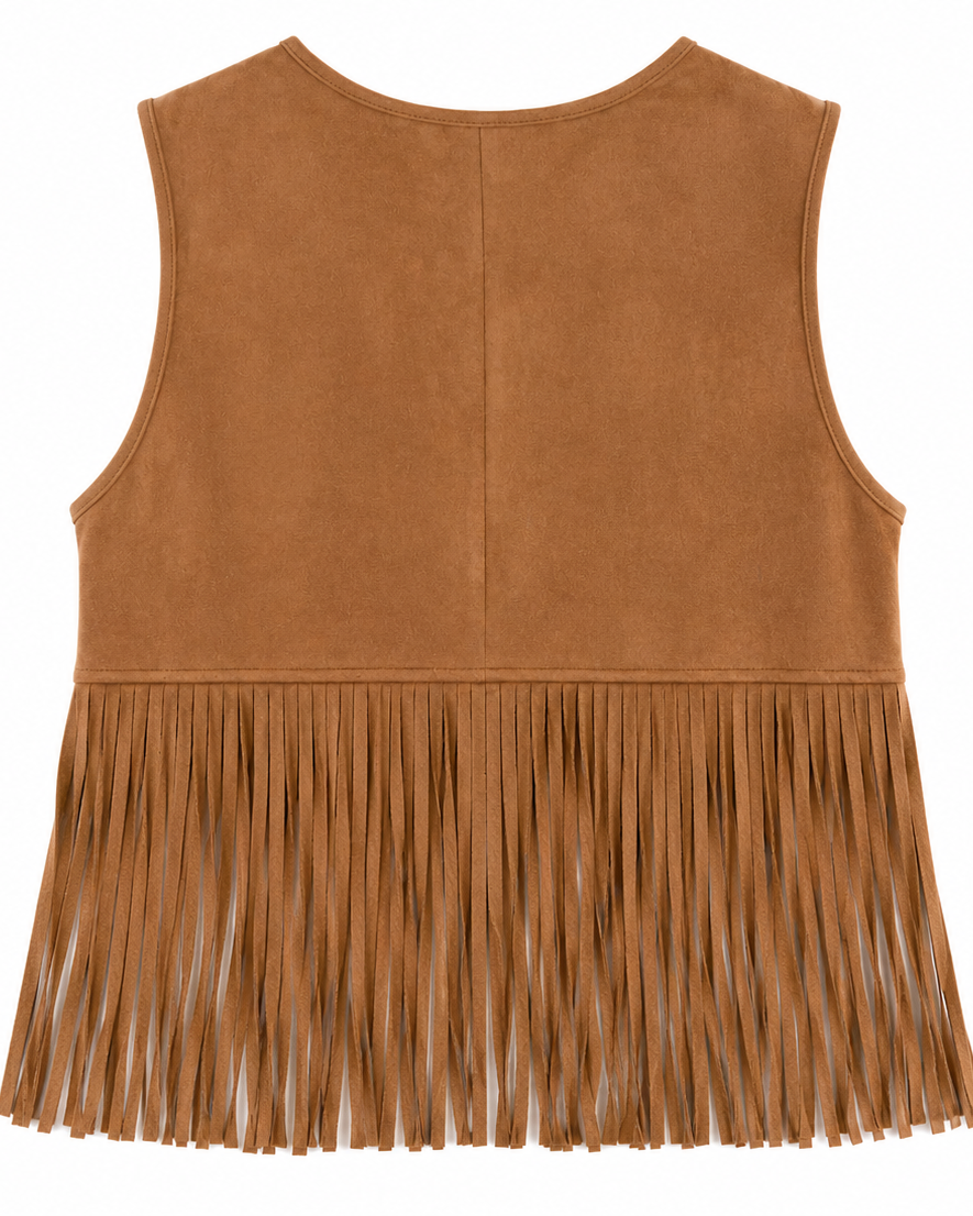Camel brown western fringe vest isolated on a white background, front view with decorative stud details and fringe.