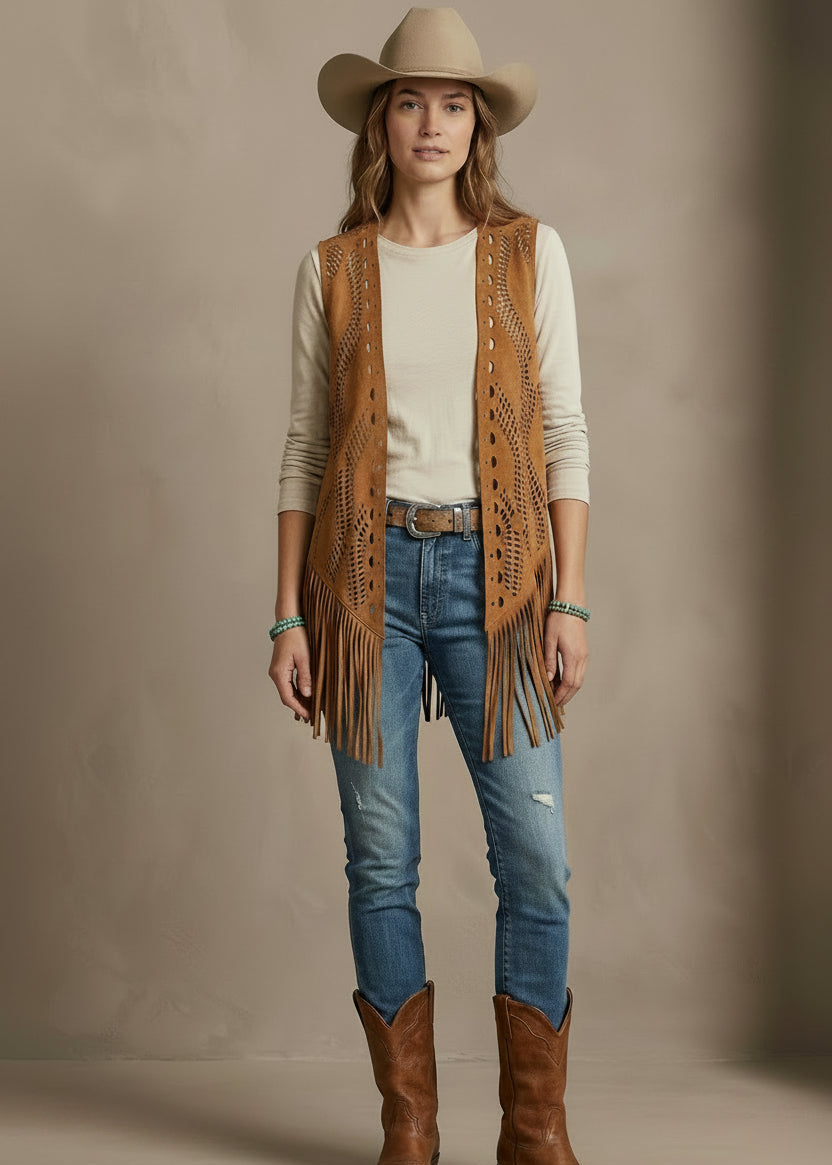 Woman wearing a brown fringe vest, blue jeans, and brown boots against a neutral background