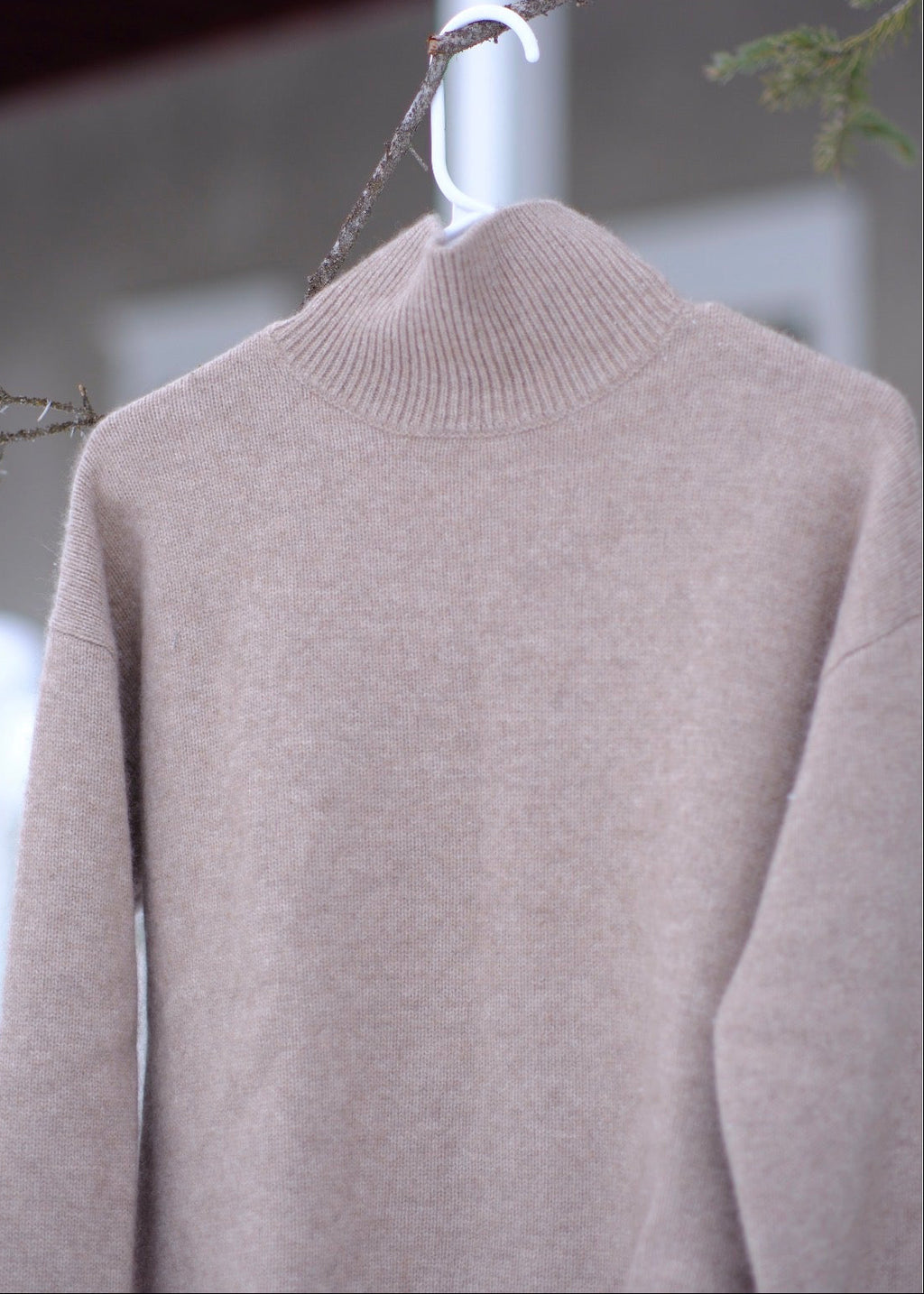 A light taupe knit mock neck sweater hanging on a white plastic hanger from a thin tree branch, with a softly blurred outdoor background.