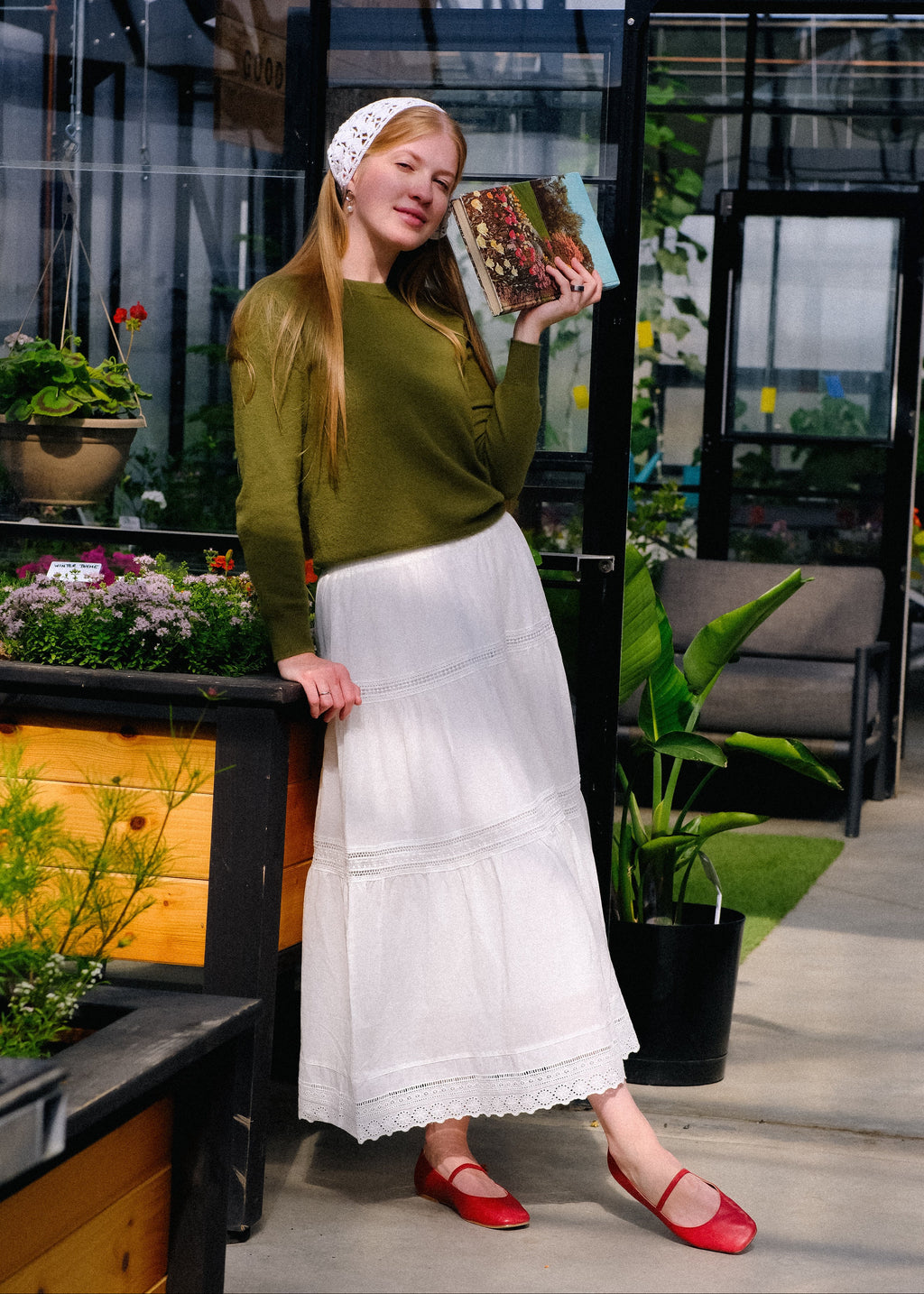 Lace cotton skirt in the garden