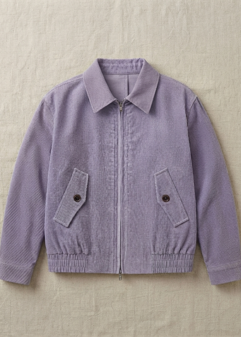 A light purple corduroy jacket with a zippered front, pointed collar, and two buttoned flap pockets, laid flat on a textured beige fabric background.