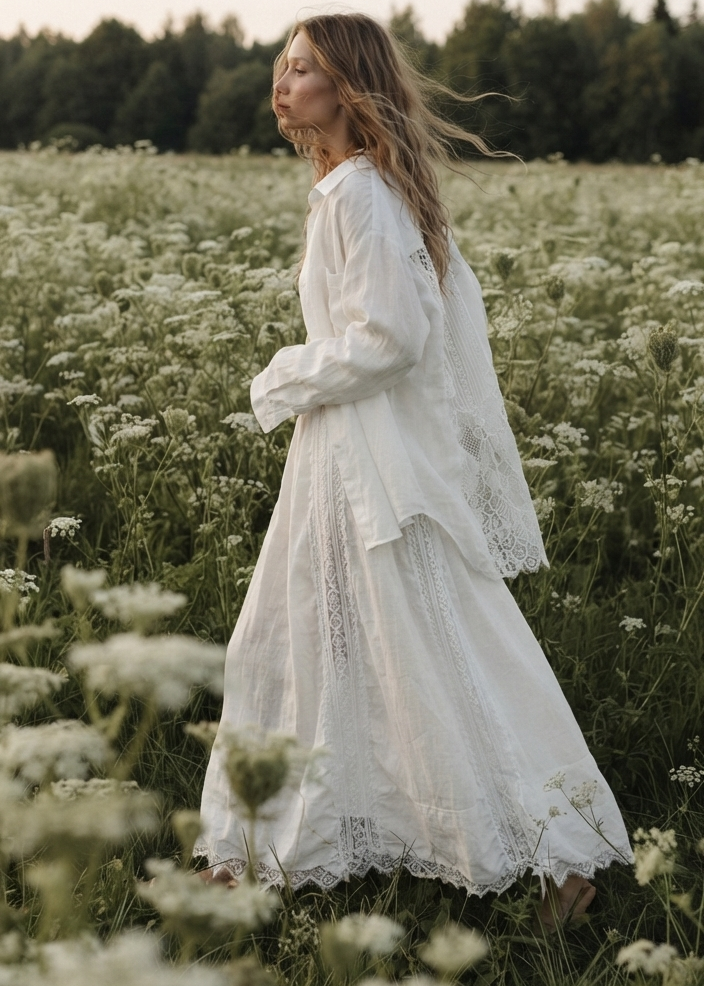 A woman in a long white lace dress stands in a field of white flowers at sunset, with trees in the background.