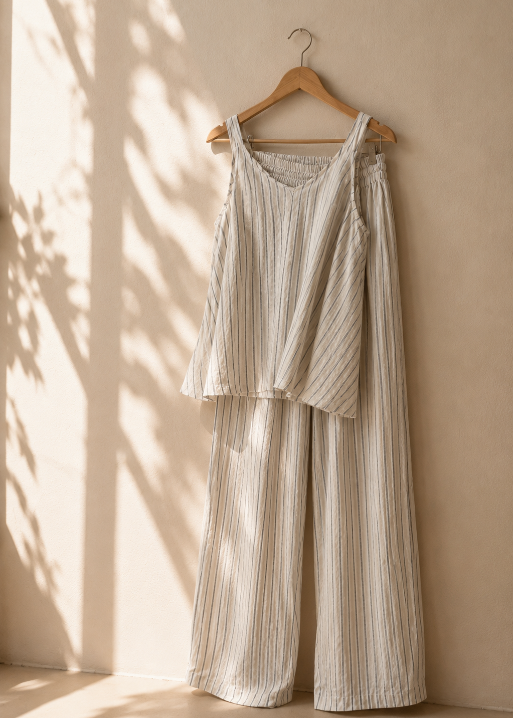 Striped outfit hanging on a hanger against a beige wall with sunlight casting shadows.