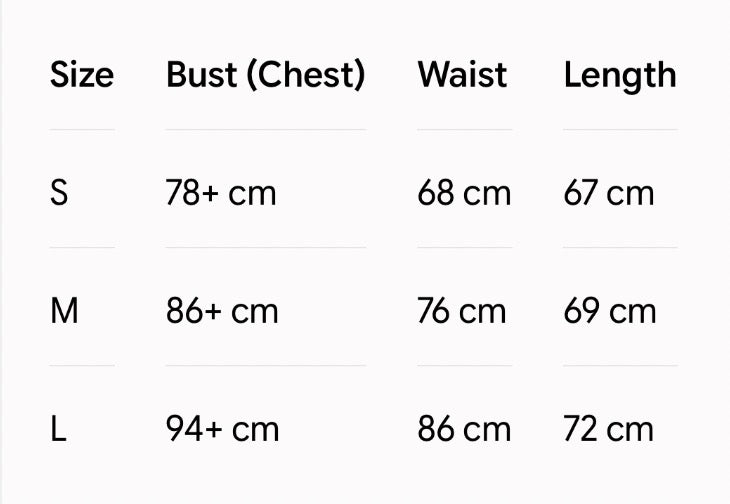 Size chart for mini dress