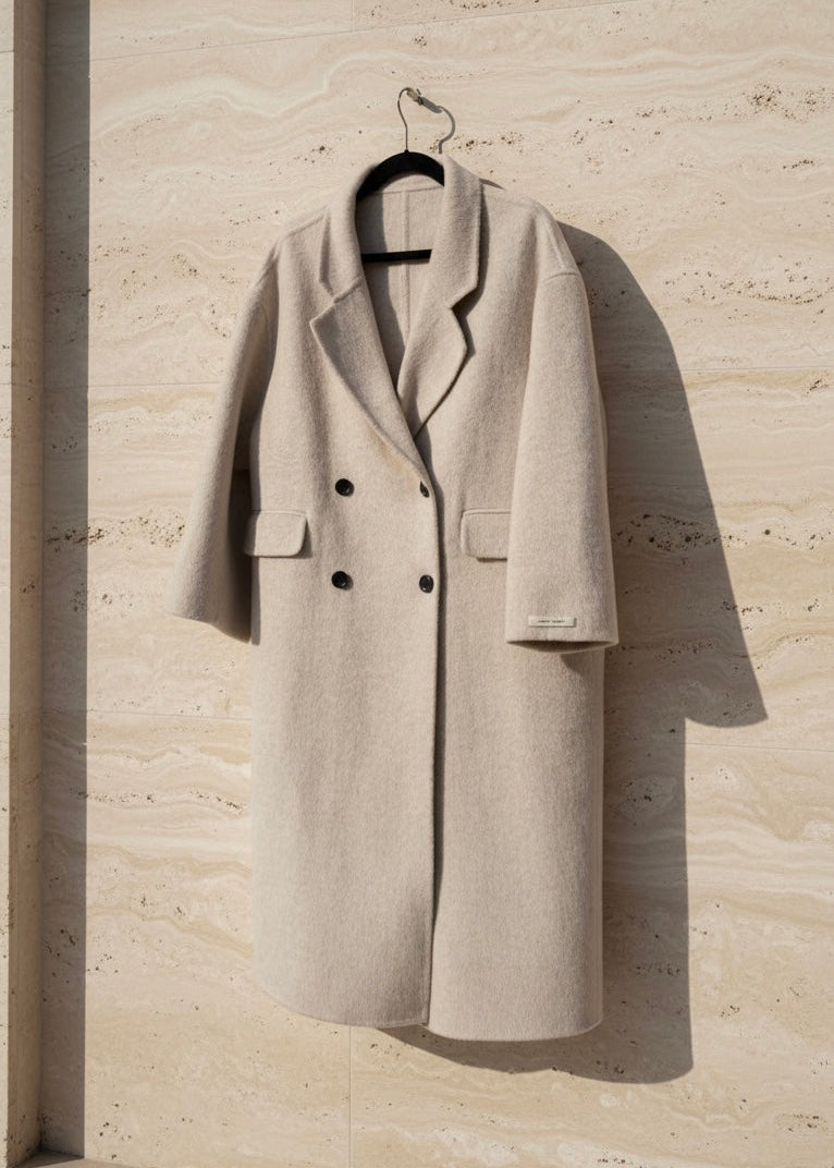 Beige coat hanging on a hanger against a light stone wall.