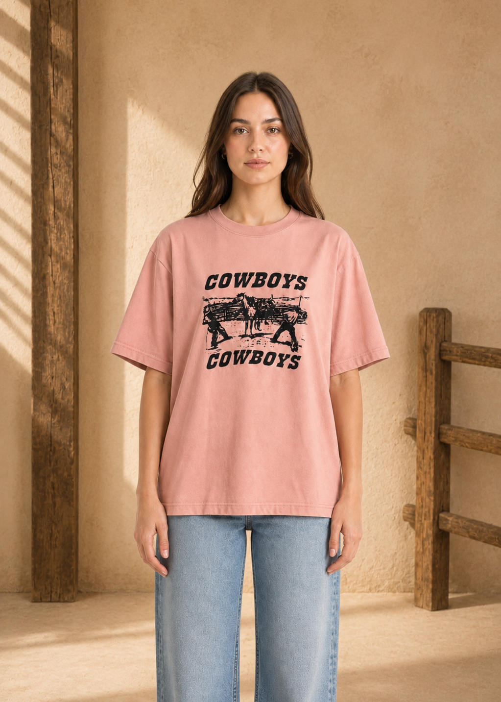 Woman wearing a pink t-shirt with 'Cowboys' graphic design in a rustic setting