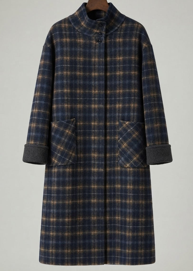 Reversible Wool Plaid Coat with Mandarin Collar