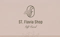 A square gift card for ST. Flavia Shop on a warm beige background, featuring a dark brown line-art logo of a stylized letter 'F' with a flower and the text 'ST.