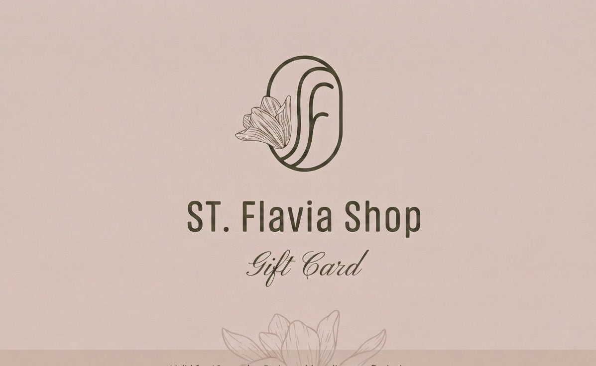 A square gift card for ST. Flavia Shop on a warm beige background, featuring a dark brown line-art logo of a stylized letter 'F' with a flower and the text 'ST.