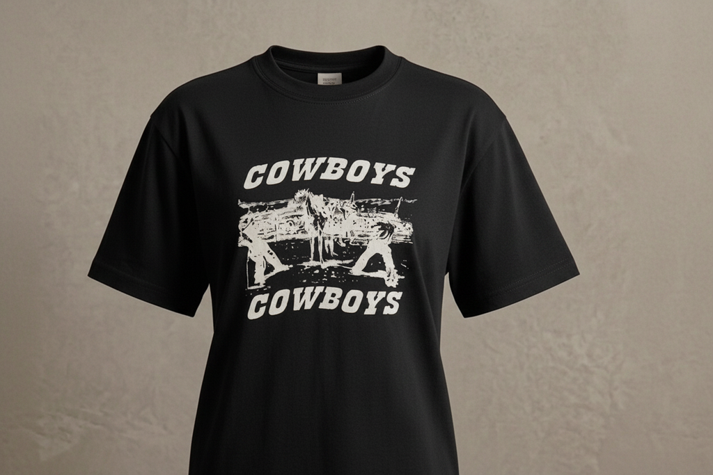 Navy t-shirt with 'Cowboys' graphic on a textured beige background