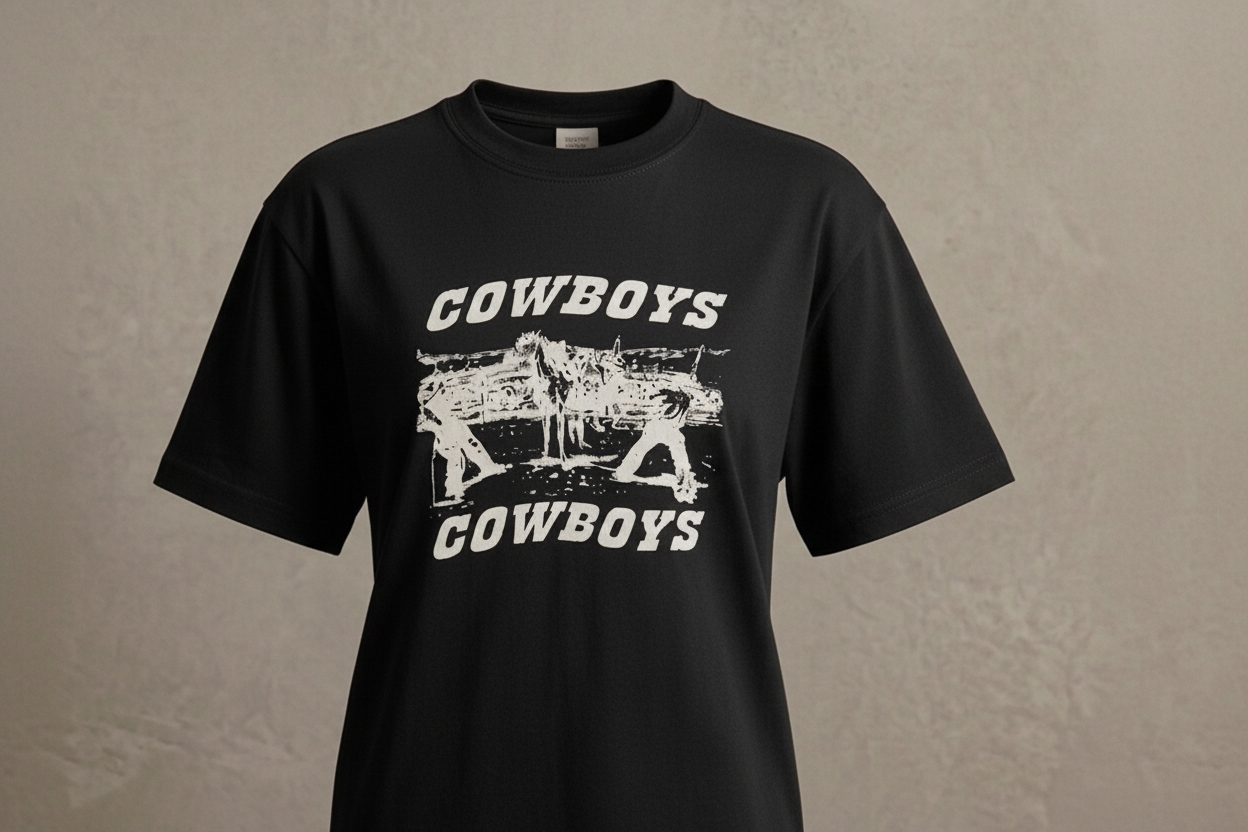 Navy t-shirt with 'Cowboys' graphic on a textured beige background