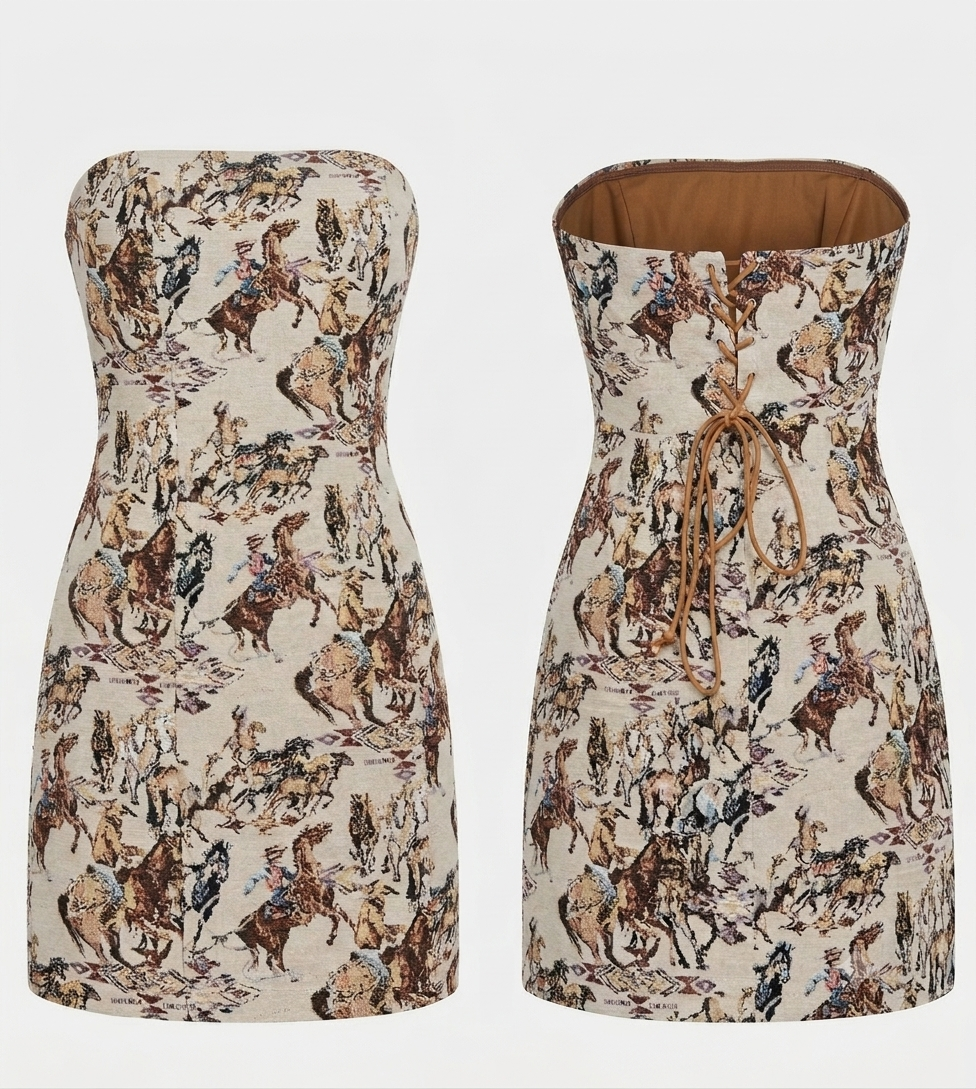 Strapless dress with horse print on a white background