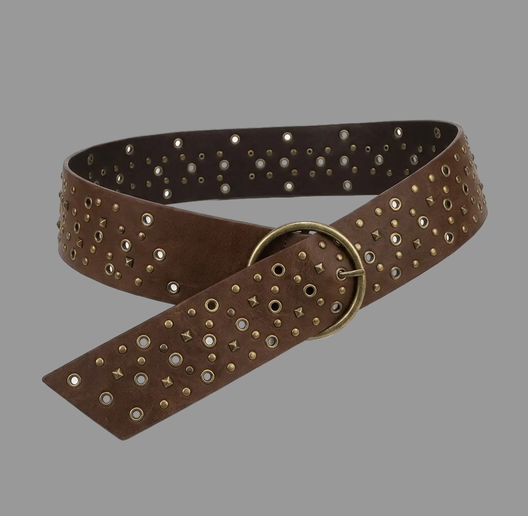 Brown leather belt with studs on a white background